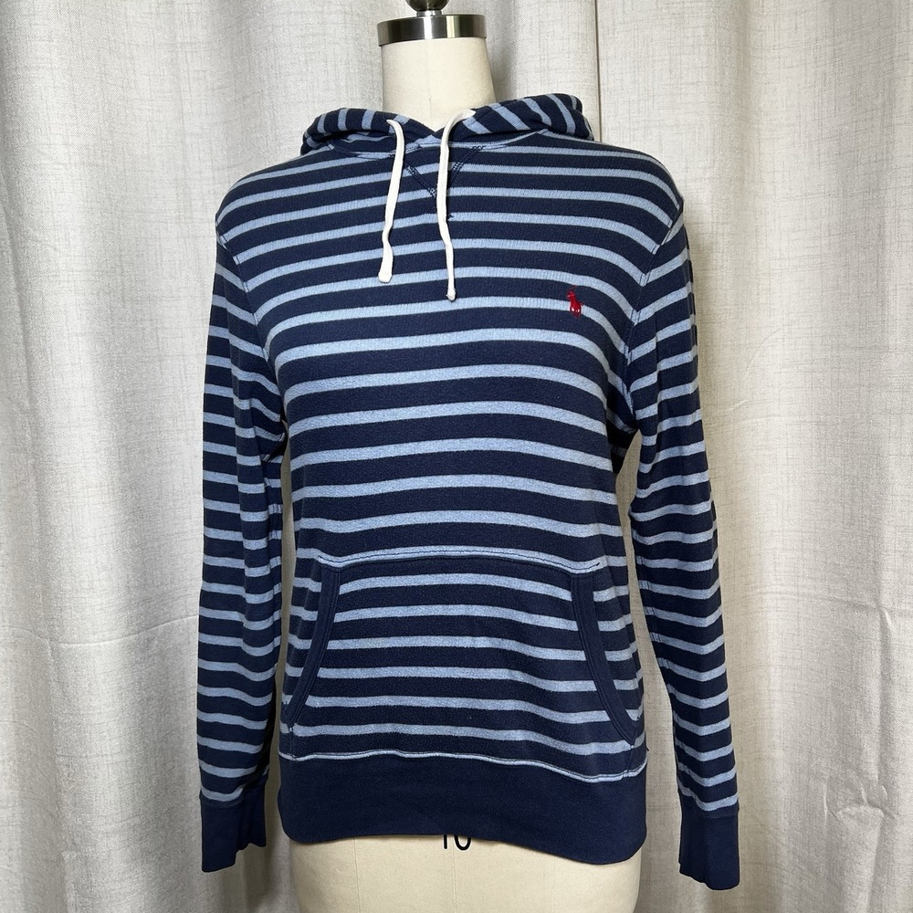 VTG Y2K Polo Ralph Lauren Mens Small Cotton Knit Striped Pullover Hoodie Blue
